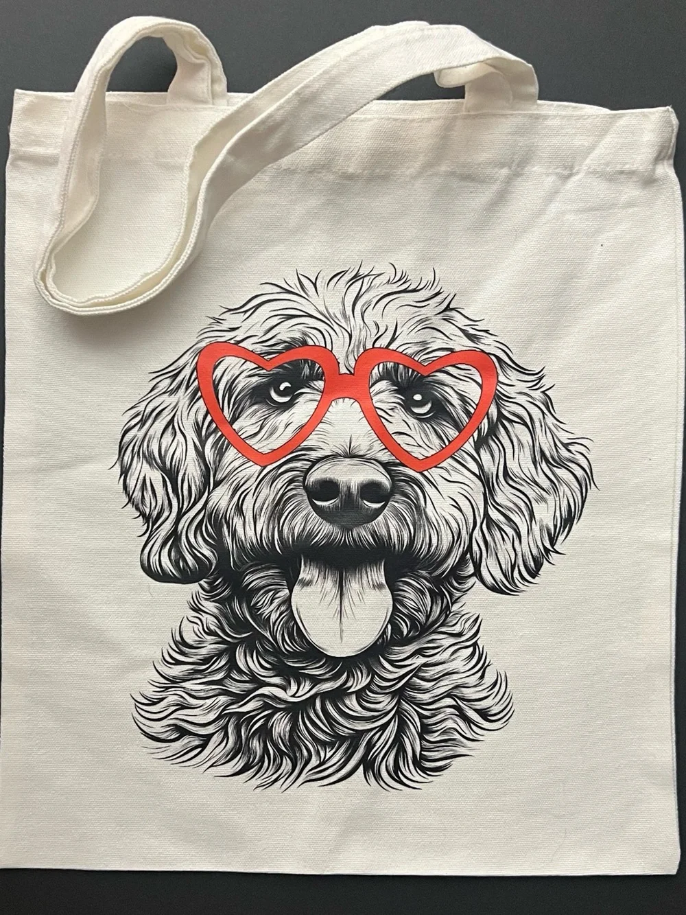 Illustrated Golden Doodle Wearing Red Heart Glasses Cream & Black Canvas Tote